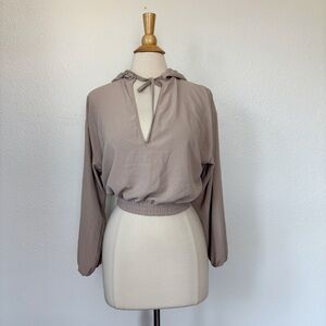 Zara Solid Taupe Hooded V-Neck Long Sleeve Top